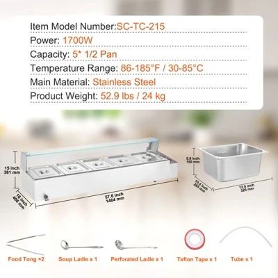 VEVOR 5-Pan Commercial Food Warmer, 5 X 8QT Electric Steam Table With Glass Cover, 1700W Countertop Stainless Steel Buffet Bain Marie 7 VEVOR 5-Pan Commercial Food Warmer, 5 X 8QT Electric Steam Table With Glass Cover, 1700W Countertop Stainless Steel Buffet Bain Marie - Image 7