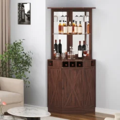 VEVOR Corner Industrial Bar Cabinet, Wine Table For Liquor & Glasses, Sideboard Buffet Cabinet With Glass Holder, Black Walnut