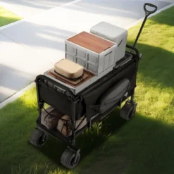 VEVOR Double Decker Wagon Collapsible, 400L Heavy Duty Folding Wagon Cart, Extended Long Garden Cart With All-Terrain Wheels, Black