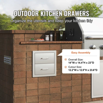 VEVOR Outdoor Kitchen Drawers 14W X 14.3H X 23D Inch, Flush Mount Double BBQ Drawers Stainless Steel With Handle, BBQ Island Drawers,Silver 2 VEVOR Outdoor Kitchen Drawers 14W X 14.3H X 23D Inch, Flush Mount Double BBQ Drawers Stainless Steel With Handle, BBQ Island Drawers,Silver - Image 2