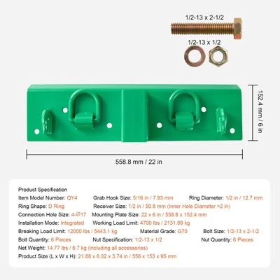 VEVOR 5/16" Tractor Bucket Hook With Tie Down Ring, Grade 70 Forged Steel Heavy Duty Bolt-On Grab Hook With Back Plate, Green 7 VEVOR 5/16" Tractor Bucket Hook With Tie Down Ring, Grade 70 Forged Steel Heavy Duty Bolt-On Grab Hook With Back Plate, Green - Image 7
