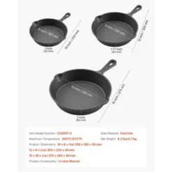VEVOR Cast Iron Skillet, 3-Piece Frying Pan Set (6, 8, 10 In), Heavy-Duty Skillets With Heat-Resistant Handle, Pre-Seasoned Chef's Pan, Black -Aesthtic Interiors GUEST 32c59f34 3780 467b 9073 42889836a14b