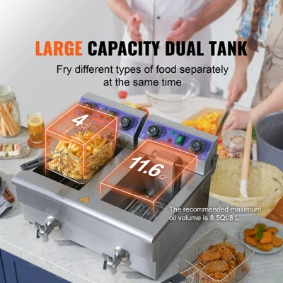 VEVOR Commercial Deep Fryer, Dual Tank 3000W Electric Countertop Fryer With Basket, 2 X 11.6Qt/11L Double Stainless Steel Oil Fryer 6 VEVOR Commercial Deep Fryer, Dual Tank 3000W Electric Countertop Fryer With Basket, 2 X 11.6Qt/11L Double Stainless Steel Oil Fryer - Image 6