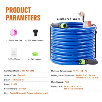 VEVOR 75ft Heated Water Hose For RV, Heated Drinking Water Hose Antifreeze To -45°F, Automatic Self-regulating,5/8" I.D. With 3/4" GHT Adapter, Blue 7 VEVOR 75ft Heated Water Hose For RV, Heated Drinking Water Hose Antifreeze To -45°F, Automatic Self-regulating,5/8" I.D. With 3/4" GHT Adapter, Blue - Image 7