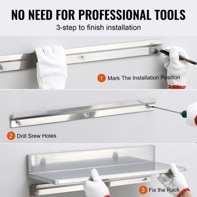 VEVOR 8.6" X 30" Stainless Steel Shelf, Wall Mounted Floating Shelving With Backsplash, 44 Lbs Load Capacity Commercial Shelves 5 VEVOR 8.6" X 30" Stainless Steel Shelf, Wall Mounted Floating Shelving With Backsplash, 44 Lbs Load Capacity Commercial Shelves - Image 5