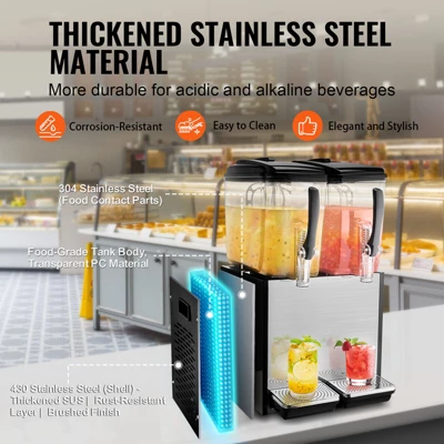 VEVOR Commercial Beverage Dispenser, 2 Tanks 12 L / 12.7 QT Per Tank Juice Dispenser, 286W Stainless Steel Ice Tea Drink Machine 4 VEVOR Commercial Beverage Dispenser, 2 Tanks 12 L / 12.7 QT Per Tank Juice Dispenser, 286W Stainless Steel Ice Tea Drink Machine - Image 4