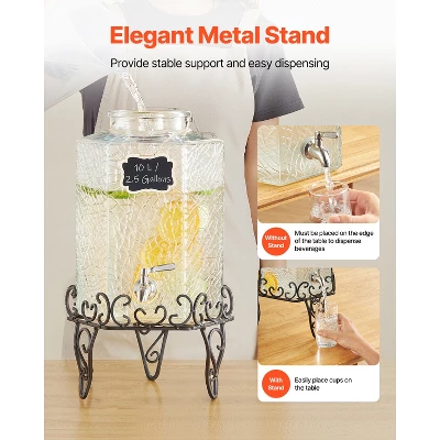 VEVOR Beverage Dispenser, 2.5 Gallon Drink Dispensers For Parties, Glass Juice Dispenser With Metal Stand, Stainless Steel Spigot, Clear 5 VEVOR Beverage Dispenser, 2.5 Gallon Drink Dispensers For Parties, Glass Juice Dispenser With Metal Stand, Stainless Steel Spigot, Clear - Image 5