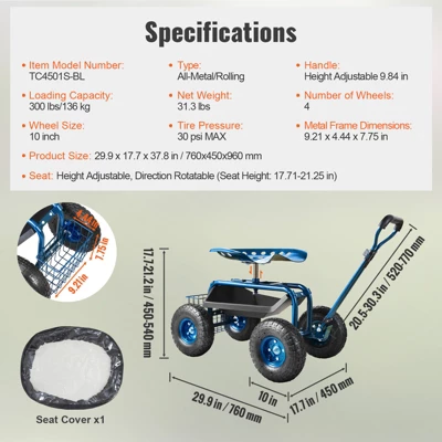 VEVOR Garden Cart Rolling Workseat With Wheels, 360 Degree Swivel Seat, Wagon Scooter With Steering Handle & Utility Tool Tray, Use, Blue 7 VEVOR Garden Cart Rolling Workseat With Wheels, 360 Degree Swivel Seat, Wagon Scooter With Steering Handle & Utility Tool Tray, Use, Blue - Image 7