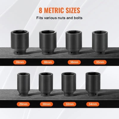VEVOR Axle Nut Impact Socket Set, 1/2" Drive Deep 12-Point 8-Piece Metric Spindle Nut Socket Set, CR-MO Heat Treated Large Socket Set Black 3 VEVOR Axle Nut Impact Socket Set, 1/2" Drive Deep 12-Point 8-Piece Metric Spindle Nut Socket Set, CR-MO Heat Treated Large Socket Set Black - Image 3