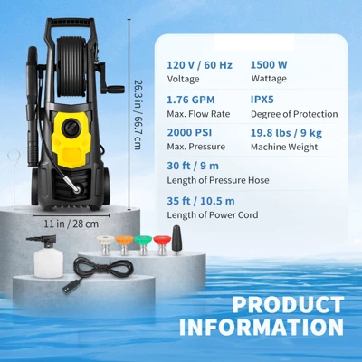 VEVOR Electric Pressure Washer, 2000 PSI, Max. 1.76 GPM Power Washer With 30 Ft Hose, 5 Quick Connect Nozzles, Foam Cannon, Portable To Clean Patios 7 VEVOR Electric Pressure Washer, 2000 PSI, Max. 1.76 GPM Power Washer With 30 Ft Hose, 5 Quick Connect Nozzles, Foam Cannon, Portable To Clean Patios - Image 7