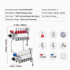 VEVOR 5-Branch Radiant Heat Manifold, 1/2" PEX Tubing Manifold, Stainless Steel PEX Manifold For Hydronic Radiant Floor Heating, Silver -Aesthtic Interiors GUEST 384e14a7 f011 412c 8904 40f0caca4f98