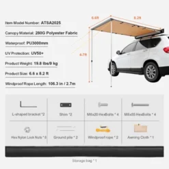 VEVOR Car Side Awning, Large 6.6' X 8.2' Shade Coverage Vehicle Awning, PU3000mm UV50+ Retractable Car Awning With Waterproof Storage Bag -Aesthtic Interiors GUEST 394aa8c6 e520 4593 913a 4afc9acb9d99