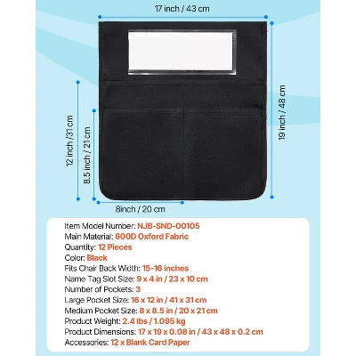 VEVOR Chair Pockets For Classroom, 12 Pack, 17 X 19 Inches Chairback Buddy Pocket With Name Tag, Back Of Chair Organizer, Black 7 VEVOR Chair Pockets For Classroom, 12 Pack, 17 X 19 Inches Chairback Buddy Pocket With Name Tag, Back Of Chair Organizer, Black - Image 7