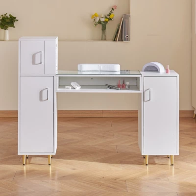 VEVOR Manicure Table, Glass Top Nail Desk, Makeup Dressing Nail Station With Storage Cabinets, Acetone-Resistant Nail Tech Table 1 VEVOR Manicure Table, Glass Top Nail Desk, Makeup Dressing Nail Station With Storage Cabinets, Acetone-Resistant Nail Tech Table