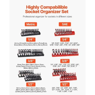 VEVOR Socket Organizer Set, 8PCS High-Rod Socket Holder, 1/4'', 3/8'' & 1/2'' Metric SAE Socket Trays With Clear Labels, Hold Up To 176PCS Standard 2 VEVOR Socket Organizer Set, 8PCS High-Rod Socket Holder, 1/4'', 3/8'' & 1/2'' Metric SAE Socket Trays With Clear Labels, Hold Up To 176PCS Standard - Image 2