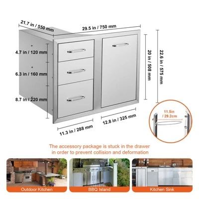 VEVOR Outdoor Kitchen Door Drawer Combo 29.5" W X 22.6" H X 21.7''D, Access Door/Triple Drawers With Propane Drawer, Silver 7 VEVOR Outdoor Kitchen Door Drawer Combo 29.5" W X 22.6" H X 21.7''D, Access Door/Triple Drawers With Propane Drawer, Silver - Image 7