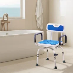 VEVOR Swivel Shower Chair 360 Degree, Adjustable Shower Seat With Armrests And Backrest For Inside Shower Or Bathtub, 400lbs Capacity, White+Blue