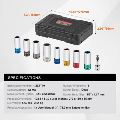 VEVOR Lug Nut Impact Socket Set, 1/2 Inch Drive Metric And SAE 6-Point Deep Socket Set, 8 Total Lug Nut Sizes, CR-MO Steel Wheel Socket Set Black 7 VEVOR Lug Nut Impact Socket Set, 1/2 Inch Drive Metric And SAE 6-Point Deep Socket Set, 8 Total Lug Nut Sizes, CR-MO Steel Wheel Socket Set Black - Image 7