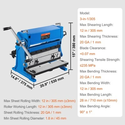 VEVOR Sheet Metal Brake, 12-inch, 3-In-1 Combination Shear Brake Roll Machine, 20-Gauge Capacity Shear Press Brake With 90° Max Bending Angle 7 VEVOR Sheet Metal Brake, 12-inch, 3-In-1 Combination Shear Brake Roll Machine, 20-Gauge Capacity Shear Press Brake With 90° Max Bending Angle - Image 7