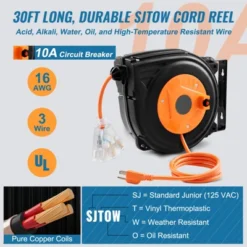 VEVOR Retractable Extension Cord Reel, 30 FT, Heavy Duty 16AWG/3C SJTOW Power Cord, With Lighted Triple Tap Outlet 10 Amp Circuit Breaker, Orange -Aesthtic Interiors GUEST 3ba0b82d 8216 444b 84f3 3ef741b8cfa5