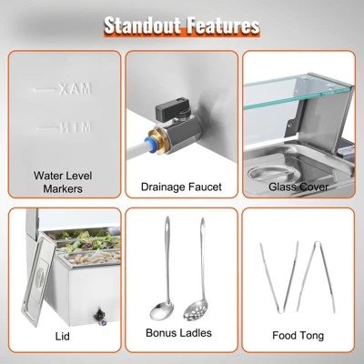 VEVOR 6-Pan Commercial Food Warmer, 6 X 8QT Electric Steam Table With Glass Cover, 1500W Countertop Stainless Steel Buffet Bain Marie 86-185°F 6 VEVOR 6-Pan Commercial Food Warmer, 6 X 8QT Electric Steam Table With Glass Cover, 1500W Countertop Stainless Steel Buffet Bain Marie 86-185°F - Image 6