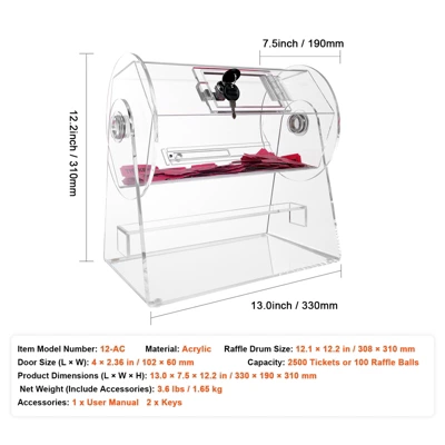 VEVOR Acrylic Raffle Drum, Professional Raffle Ticket Spinning Cage With 2 Keys, Transparent Lottery Spinning Drawing, Holds 2500 Tickets 7 VEVOR Acrylic Raffle Drum, Professional Raffle Ticket Spinning Cage With 2 Keys, Transparent Lottery Spinning Drawing, Holds 2500 Tickets - Image 7