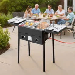 VEVOR Outdoor Propane Deep Fryer, Dual-Tank 8QTx2 Commercial Fryer, Stainless Steel Cooker With Foldable Platform, Dual Basket, Black