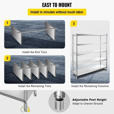 VEVOR Storage Shelf, 5-Tier Storage Shelving Unit, Stainless Steel Garage Shelf, 70.9 X 17.7 X 70.9 Inch Heavy Duty Storage Shelving, Silver 6 VEVOR Storage Shelf, 5-Tier Storage Shelving Unit, Stainless Steel Garage Shelf, 70.9 X 17.7 X 70.9 Inch Heavy Duty Storage Shelving, Silver - Image 6