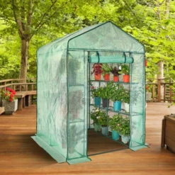 VEVOR Walk-in Green House, 4.6 X 4.6 X 6.6 Ft , Greenhouse With Shelves, High Strength PE Cover With Zipper Door And Steel Frame, Assembly In Minutes
