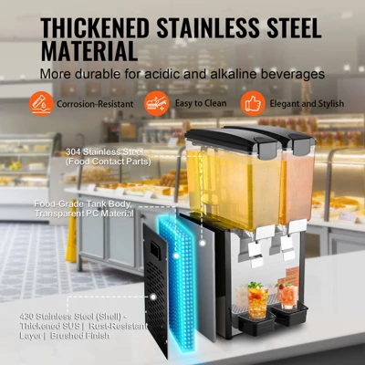 VEVOR Commercial Beverage Dispenser, 2 Tanks 10 L / 10.6 QT Per Tank Juice Dispenser, 270W Stainless Steel Ice Tea Drink Machine 4 VEVOR Commercial Beverage Dispenser, 2 Tanks 10 L / 10.6 QT Per Tank Juice Dispenser, 270W Stainless Steel Ice Tea Drink Machine - Image 4