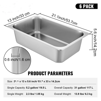 VEVOR 6 Pack Steam Table Pans 20.9 X 12.8 X 5.9 Inch Deep Steam Table Pan Full Size 20.5L Deep Food Container Stainless Steel Oven Tray, Silver 7 VEVOR 6 Pack Steam Table Pans 20.9 X 12.8 X 5.9 Inch Deep Steam Table Pan Full Size 20.5L Deep Food Container Stainless Steel Oven Tray, Silver - Image 7