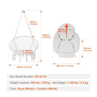 VEVOR Hanging Hammock Swing Chair, Macramé Hanging Chair With Cushion And Mounting Hardware, Cotton Rope Swing Chair, 264 Lbs Capacity, White 7 VEVOR Hanging Hammock Swing Chair, Macramé Hanging Chair With Cushion And Mounting Hardware, Cotton Rope Swing Chair, 264 Lbs Capacity, White - Image 7