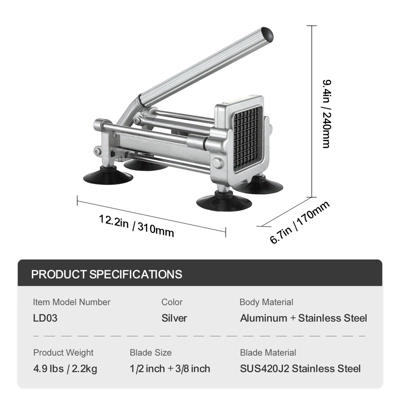 VEVOR French Fry Cutter, Potato Slicer With 1/2-Inch And 3/8-Inch Stainless Steel Blades, Manual Potato Cutter Chopper With Suction Cups 7 VEVOR French Fry Cutter, Potato Slicer With 1/2-Inch And 3/8-Inch Stainless Steel Blades, Manual Potato Cutter Chopper With Suction Cups - Image 7