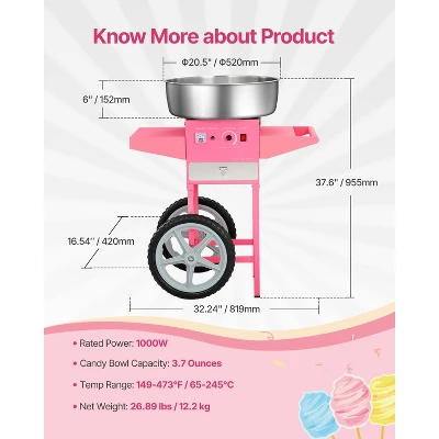 VEVOR Electric Cotton Candy Machine With Cart, 1000W Commercial Candy Floss Maker With 20.5 In Stainless Steel Bowl, Sugar Scoop, And Drawer, Pink 7 VEVOR Electric Cotton Candy Machine With Cart, 1000W Commercial Candy Floss Maker With 20.5 In Stainless Steel Bowl, Sugar Scoop, And Drawer, Pink - Image 7