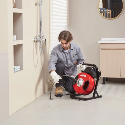 VEVOR Drain Cleaner Machine 50FT X 1/2 Inch, Manual Feed Sewer Snake Auger - With 4 Cutters & Air-activated Foot Switch For 2" To 4" Pipes, Red 1 VEVOR Drain Cleaner Machine 50FT X 1/2 Inch, Manual Feed Sewer Snake Auger - With 4 Cutters & Air-activated Foot Switch For 2" To 4" Pipes, Red