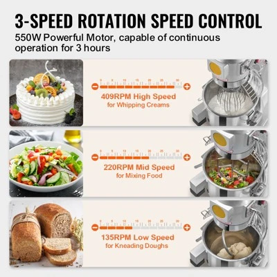 VEVOR Commercial Food Mixer, 10L Stand Mixer With 3 Adjustable Speeds, 550W Dough Mixer With Stainless Steel Bowl And 3 Mixing Attachments, Silver 5 VEVOR Commercial Food Mixer, 10L Stand Mixer With 3 Adjustable Speeds, 550W Dough Mixer With Stainless Steel Bowl And 3 Mixing Attachments, Silver - Image 5