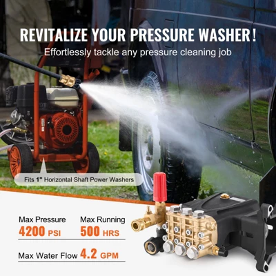 VEVOR Pressure Washer Pump, 1" Shaft Horizontal Triplex Plunger, 4200 PSI, 4.2GPM, Replacement Power Washer Pumps Kit With 5 Nozzles, Black 2 VEVOR Pressure Washer Pump, 1" Shaft Horizontal Triplex Plunger, 4200 PSI, 4.2GPM, Replacement Power Washer Pumps Kit With 5 Nozzles, Black - Image 2