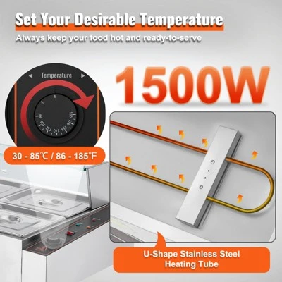 VEVOR 6-Pan Commercial Food Warmer, 6 X 8QT Electric Steam Table With Glass Cover, 1500W Countertop Stainless Steel Buffet Bain Marie 86-185°F 3 VEVOR 6-Pan Commercial Food Warmer, 6 X 8QT Electric Steam Table With Glass Cover, 1500W Countertop Stainless Steel Buffet Bain Marie 86-185°F - Image 3