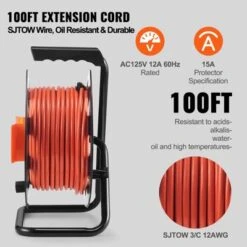 VEVOR Extension Cord Reel, 100FT, With 4 Outlets And Dust Cover, Heavy Duty 12AWG SJTOW Power Cord, Manual Cord Reel, Orange -Aesthtic Interiors GUEST 46de0e34 331c 4bef 9366 824fa0a36fa0