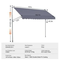VEVOR 157 X 47" Patio Awning Retractable, Awning Sunshade Shelter With Manual Crank Handle, Adjustable Height From 86 To 122 In, Dark Gray -Aesthtic Interiors GUEST 47ad248f 4dfc 477e 9aeb 0d021fe27b0d