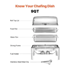 VEVOR Roll Top Chafing Dish Buffet Complete Set, 9Qt Stainless Steel Chafer With Full Size Pan, Rectangle Catering Warmer Server, Silver -Aesthtic Interiors GUEST 47bbd4ed 294f 4da9 8dbc da4126253698