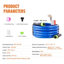 VEVOR 15ft Heated Water Hose For RV,Heated Drinking Water Hose Antifreeze To -45°F, Automatic Self-regulating, 5/8" I.D. With 3/4" GHT Adapter, Blue -Aesthtic Interiors GUEST 4841b308 16f2 4863 944c a1ebd7020b03