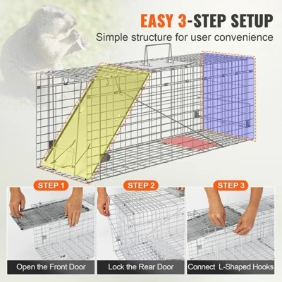 VEVOR Live Animal Cage Trap, 31" X 10" X 12" Humane Cat Trap Galvanized Iron, Folding Animal Trap With Handle For Rabbits, Stray Cats, Squirrels 5 VEVOR Live Animal Cage Trap, 31" X 10" X 12" Humane Cat Trap Galvanized Iron, Folding Animal Trap With Handle For Rabbits, Stray Cats, Squirrels - Image 5
