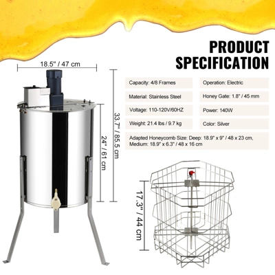 VEVOR Electric Honey Extractor, 4/8 Frames Honey Spinner Extractor, Stainless Steel Beekeeping Extraction, Apiary Centrifuge Equipment 7 VEVOR Electric Honey Extractor, 4/8 Frames Honey Spinner Extractor, Stainless Steel Beekeeping Extraction, Apiary Centrifuge Equipment - Image 7
