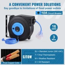 VEVOR Retractable Extension Cord Reel, 30 FT, Heavy Duty 16AWG/3C SJTOW Retractable Power Cord Reel With Lighted Triple Tap Outlet, Black -Aesthtic Interiors GUEST 4a411850 1411 4968 a84f 0093b8ded673