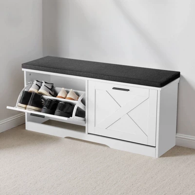 VEVOR Entryway Shoe Storage Bench, 39.4 X 12.0 X 18.7 Inch Shoe Organizer With Flip Drawers, 440lbs Narrow Shoes Rack Bench, Black + White 1 VEVOR Entryway Shoe Storage Bench, 39.4 X 12.0 X 18.7 Inch Shoe Organizer With Flip Drawers, 440lbs Narrow Shoes Rack Bench, Black + White