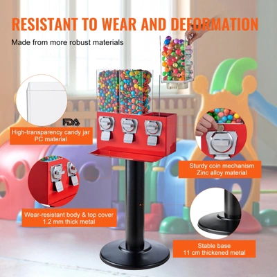 VEVOR Commercial Vending Machine, Triple Compartment Candy Dispenser With Iron Stand, Gumball And Candy Machine For Business, Red 3 VEVOR Commercial Vending Machine, Triple Compartment Candy Dispenser With Iron Stand, Gumball And Candy Machine For Business, Red - Image 3
