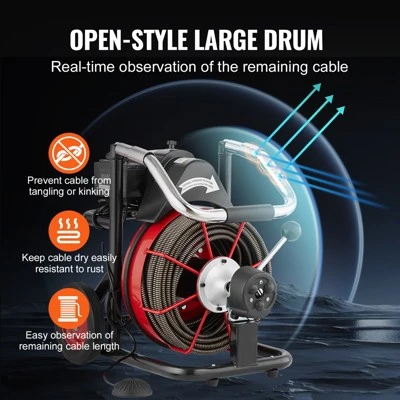 VEVOR Drain Cleaner Machine 100FT X 1/2 Inch, Auto Feed Sewer Snake Auger On Wheels, 550W Portable Drain Cleaning Machine With 8 Cutters, Black 4 VEVOR Drain Cleaner Machine 100FT X 1/2 Inch, Auto Feed Sewer Snake Auger On Wheels, 550W Portable Drain Cleaning Machine With 8 Cutters, Black - Image 4