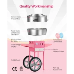 VEVOR Electric Cotton Candy Machine With Cart, 1000W Commercial Candy Floss Maker With 20.5 In Stainless Steel Bowl, Sugar Scoop, And Drawer, Pink 12 VEVOR Electric Cotton Candy Machine With Cart, 1000W Commercial Candy Floss Maker With 20.5 In Stainless Steel Bowl, Sugar Scoop, And Drawer, Pink -Aesthtic Interiors GUEST 4c19df46 ec15 43ee bac2 1464118cc884