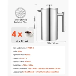 VEVOR French Press Coffee Maker, 34 Ounce 1 Liter Stainless Steel Coffee Press Tea Maker With Filter, Silver -Aesthtic Interiors GUEST 4c25cfc1 740c 44f0 a3a5 2d789c53d2a8